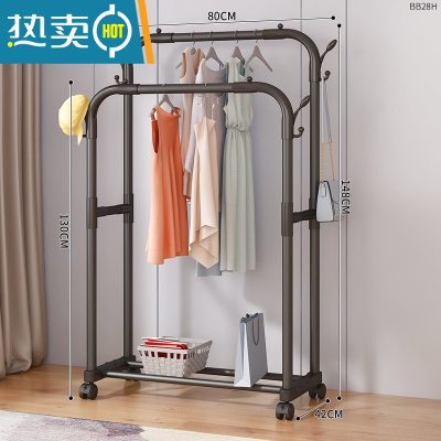 敬平简易落地卧室折叠家用晾衣服杆室内阳台架子凉晒挂衣架衣柜 80cm[黑双杆+万向轮]晾晒架