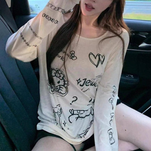 趣味kt猫印花慵懒卡通薄款长袖T恤女装夏季新款宽松防晒罩衫上衣