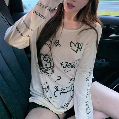趣味kt猫印花慵懒卡通薄款长袖T恤女装夏季新款宽松防晒罩衫上衣_856