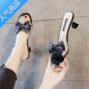 SUNTEK凉拖女一字拖蝴蝶结拖鞋外穿时尚中跟2023年新款细跟高跟夏季透明
