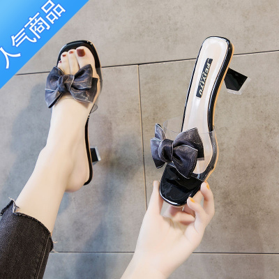 SUNTEK凉拖女一字拖蝴蝶结拖鞋外穿时尚中跟2023年新款细跟高跟夏季透明