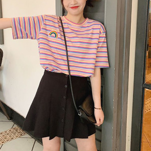 夏季新款韩版彩虹条纹休闲宽松百搭短袖T恤女装网红ins港风上衣潮