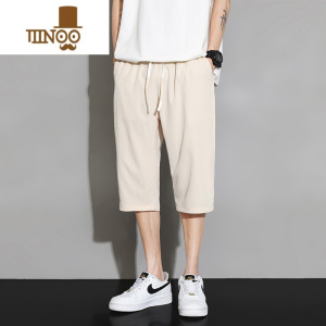 YANXU亚麻七分短裤男宽松夏季超薄款外穿冰丝速干运动卡其色休闲中裤子