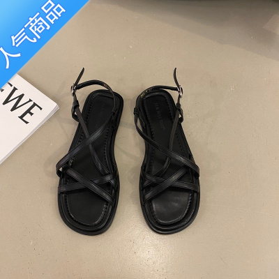 SUNTEK法式平底小众黑色凉鞋女鞋子2023年新款夏季仙女风夏天复古罗马鞋