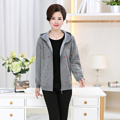 广赫中老年女装加绒卫衣春秋装休闲大码妈妈装棉运动外套连帽绣花衫卫衣