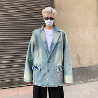 夹克男牛仔上衣春秋季新款复古宽松西装领夹克潮牌痞帅时尚男外套