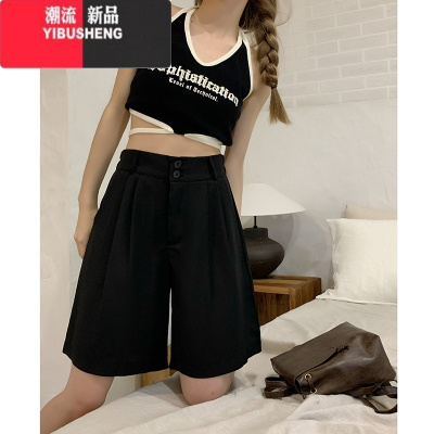 YIBUSHENG大码女装美式复古西装阔腿休闲裤季胖mm高腰显瘦直筒短裤五分裤