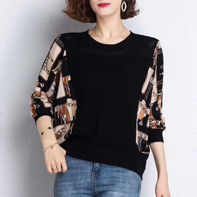 语娄中年毛衣女妈妈洋气大码宽松蝙蝠袖上衣春秋外穿时尚印花长袖t恤2021大码女装