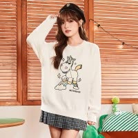 [2.5折价110元]唐狮秋冬新款前胸图案款日系慵懒风奶fufu白色宽松毛衣百搭