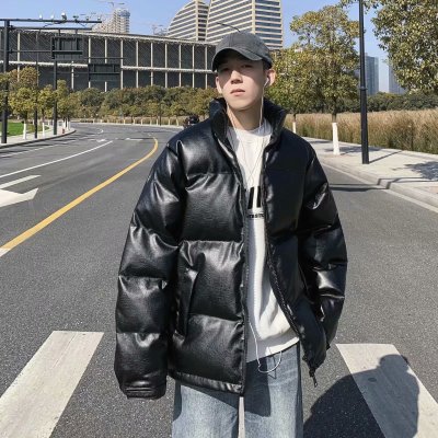 HongZun机车风皮衣男短款冬季面包服潮牌帅气PU皮棉衣棉袄情侣装炸街外套皮衣