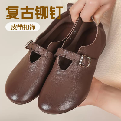 26新款真皮文艺复古舒适软底手工鞋头层牛皮魔术贴森系四季单鞋