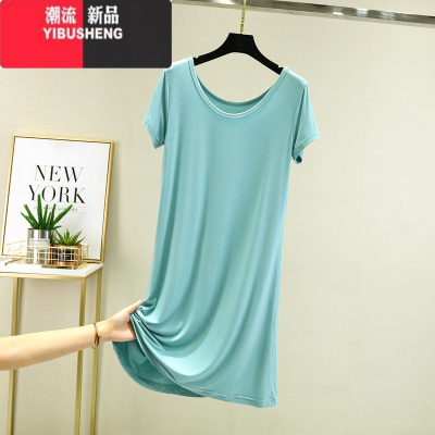 YIBUSHENG莫代尔短袖连衣裙女薄宽松衬裙大码外穿圆领打底裙居家休闲长裙