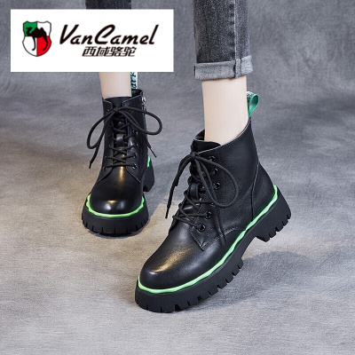 西域骆驼轻奢名品-品牌真皮马丁靴女2021新款秋季薄款头层牛皮单靴百搭英伦风绿边短靴瘦瘦靴子潮