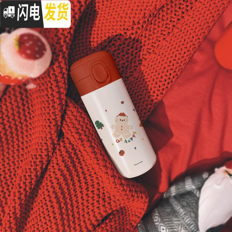 三维工匠原创保温杯316不锈钢女弹跳盖水杯便携学生轻量圣诞红 姜饼猫450316不锈钢—