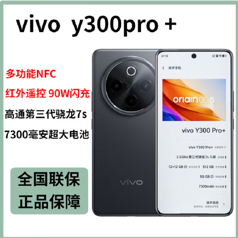 vivo Y300 Pro+ 简黑 12GB+512GB 第三代骁龙7s 5G芯 7300mAh电池 90W充电 5000万高清影像 5G 手机