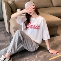 [2.5折价61元]唐狮新款纯棉中袖T恤女休闲夏季isn白色设计感半袖上衣小众x