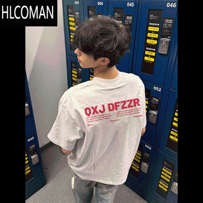 HLCOMAN潮牌美式高街创意小众印花灰白色半袖上衣男夏季短袖T恤