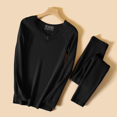 秋冬新款德绒保暖内衣女套装性感V领蕾丝单层毛圈绒螺纹秋衣秋裤