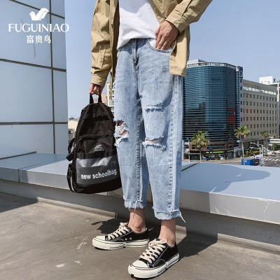 富贵鸟牛仔裤男装男士2021春夏季新品潮流时尚破洞九分裤弹力休闲修身韩版小脚裤子