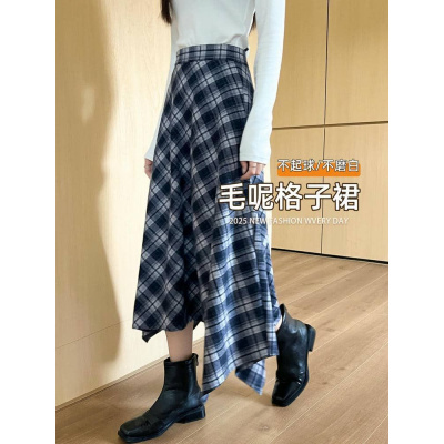 复古格子不规则半身裙女春秋季高腰显瘦宽松a字英伦风大摆中长裙