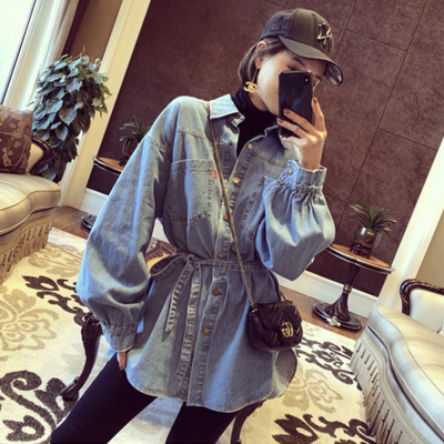 暖青汇春带收腰牛仔衬衫女秋冬中长款宽松显瘦小众泡泡袖衬衣外套潮衬衫