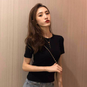 时尚圆领纯色短袖T恤女夏季韩国女装新款上衣服