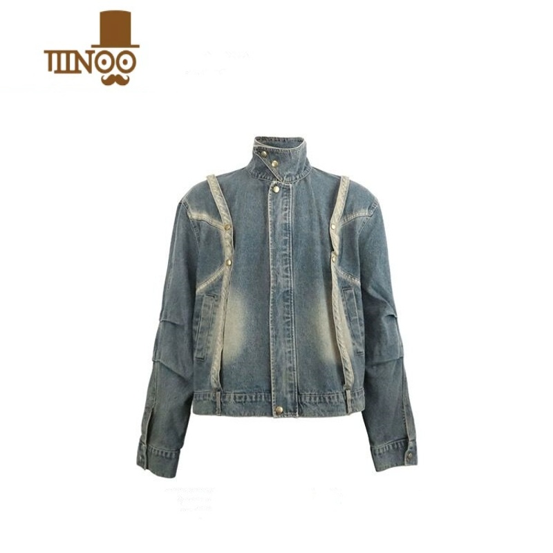 YANXU小众先锋设计感压褶牛仔外套男复古水洗立领宽松短款夹克上衣