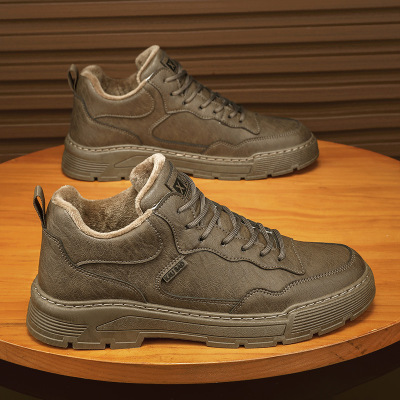 冬季新款休闲舒适男靴棉靴加绒加厚纯色系带高帮厚底轻便保暖男鞋