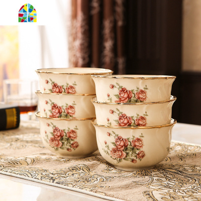 欧式陶瓷碗米饭碗盘金镶边餐具吃饭碗碗筷碗碟套装家用组合 FENGHOU 玫瑰5英寸饭碗(10个装)