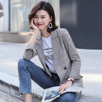 岚心云格子西装外套女英伦风2020夏季新款修身休闲西服小香风时尚职业装女单件灰格外套