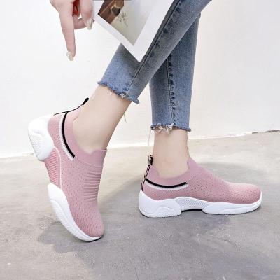 新款单鞋女一脚蹬2019休闲舒适春秋飞织透气袜子乐福鞋休闲学生开车懒人鞋休闲鞋运动鞋女纤婗(QIANNI)粉色37码