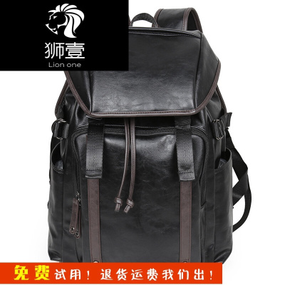 狮壹（Lionone）双肩包男士韩版时尚潮流USB充电背包休闲学生简约书包女黑色