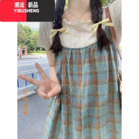 YIBUSHENG新款季小个子连衣裙海边度假风无袖显瘦格纹吊带a字中长款裙子