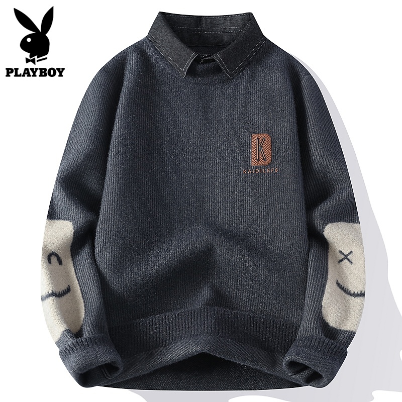 花花公子假两件毛衣男款冬季保暖潮流针织衬衫领拼色休闲内搭男士