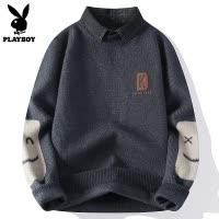 花花公子假两件毛衣男款冬季保暖潮流针织衬衫领拼色休闲内搭男士