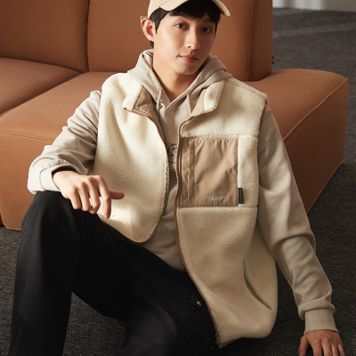 [3件8.5折186.9元,叠加优惠券]唐狮马甲外套男冬季新款仿羊羔毛保暖短款外套拼接口袋男士潮