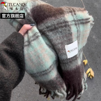 啄木鸟2024冬新款复古绿色格子围巾女保暖韩系氛围感加厚围脖披肩