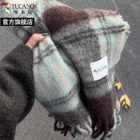 啄木鸟2024冬新款复古绿色格子围巾女保暖韩系氛围感加厚围脖披肩