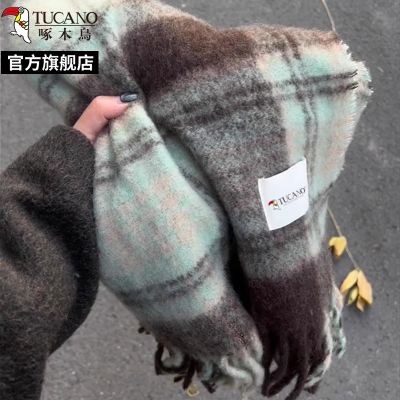 啄木鸟2024冬新款复古绿色格子围巾女保暖韩系氛围感加厚围脖披肩