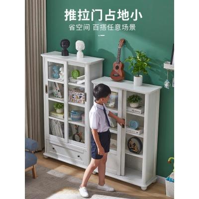 森美人美式实木儿童书柜推拉书架带玻璃置物架落地抽拉防尘小书橱