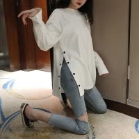中长款大码纯色长袖T恤女秋宽松开叉打底衫秋冬韩国女装