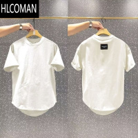 HLCOMAN白色短袖t恤男士夏季潮流弧形下摆休闲纯色净板圆领打底半袖