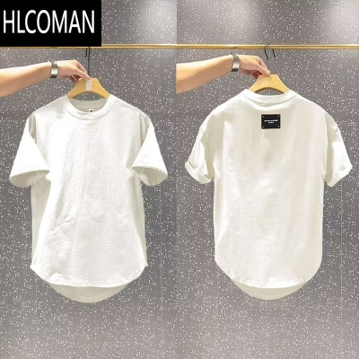HLCOMAN白色短袖t恤男士夏季潮流弧形下摆休闲纯色净板圆领打底半袖