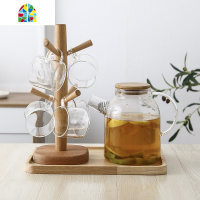 玻璃冷水壶家用可高温杯子套装防爆茶壶凉水壶耐热透明水杯带木架 FENGHOU 透明6杯1壶1架1托盘