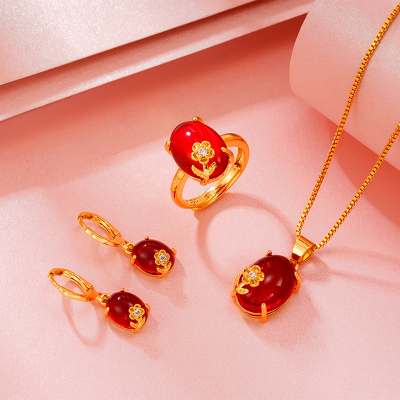 越南沙金镶小花宝石戒指耳环项链女仿真黄金首饰三件套装久不掉色送女朋友老婆情人节七夕生日礼物