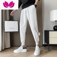 七斓2023新款华夫格裤子男装潮牌痞帅运动束脚白色卫裤男休闲裤