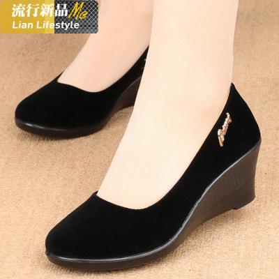 新款女鞋工作鞋黑色坡跟平底上班鞋女圆头职业高跟鞋子知义(ZHIYI)休闲鞋