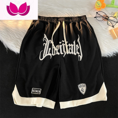 七斓美式嘻哈刺绣字母短裤男夏季薄款宽松直筒撞色开叉运动篮球五分裤