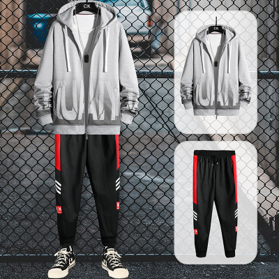 狮臣SHICHEN2021年春季男士运动两件套装时尚青少年连帽休闲运动套装长裤休闲套装男开衫卫衣套装男装TZ8012灰色M