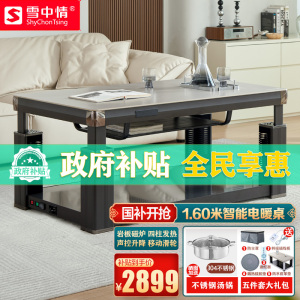 雪中情新款电暖桌取暖桌肌肤灰岩板160*80CM电磁炉语音平移电暖炉取暖升降茶几家用取暖餐桌烤火桌电炉子取暖器餐桌茶几